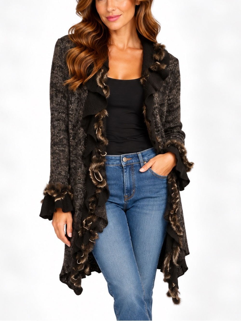 Alberto Makali‎ Cardigan Sweater with Real Fur Trim